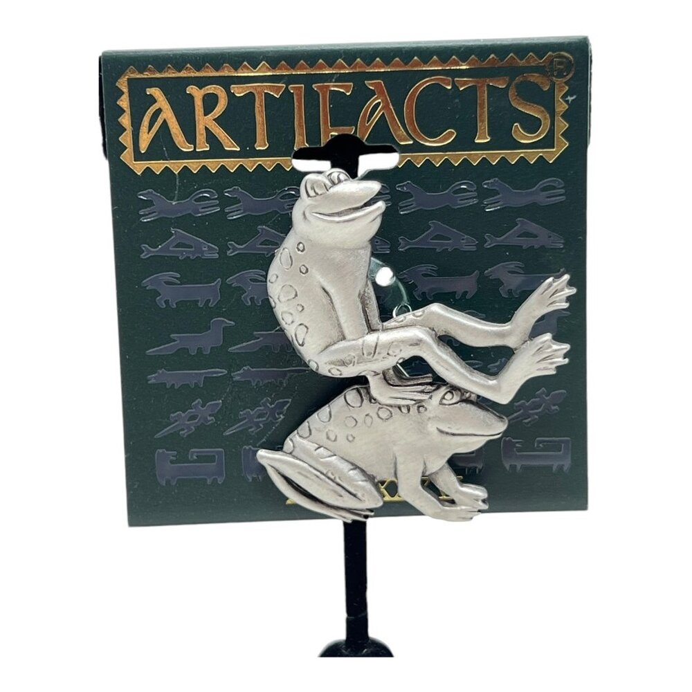 JJ Artifacts Leaping Frogs Leap Frog Brooch Pin Silver Tone Fun Hilarious 1986